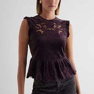 Express Velvet Lace Embroidered Peplum Top, Size XL